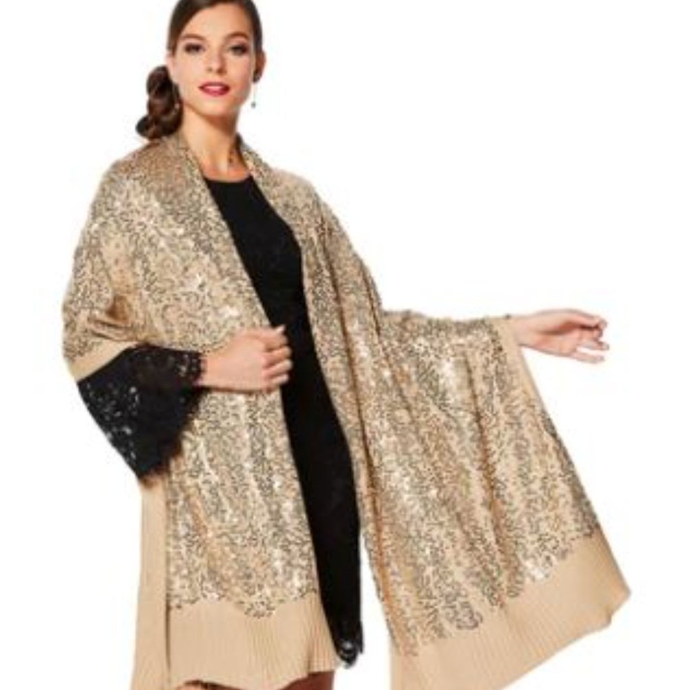 NEW IMAN champagne gold sequin and solid wrap/shawl (2 pieces)
